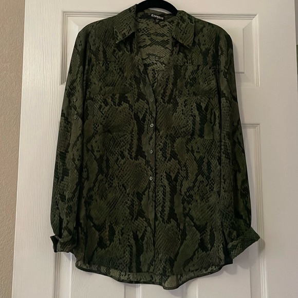 Express Tops - Express Dark Green Print Blouse